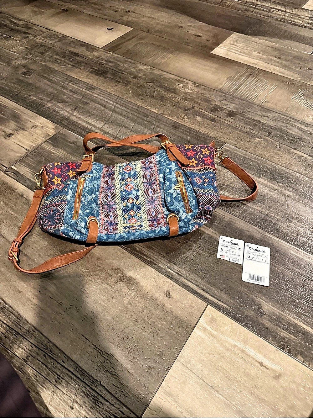 Desigual BOLS_MYSTIC ROTTERDAM Geometric Tote Bag in Blue & Brown NWT